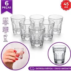 Kit Jogo 06 copos Shot Dose 45 ml Copos de Vidro Transparente Vidro trabalhado Resistente