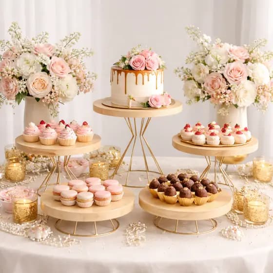 Kit Boleiras Decorativas Madeira com Base Dourada Suporte para Doces Festa Luxo Mesa Posta Aniversario