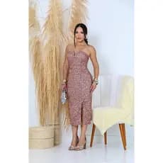 Vestido Midi Feminino de Paetê com Corte V e Alcinhas Brilho Glam