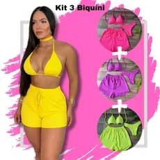 Kit 3 Biquíni Com Short Malha anafoga Brilhante Premium - Praia