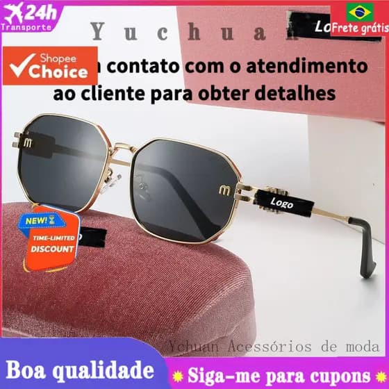 Óculos de Sol Retrô de Metal para Mulheres, Proteção UV, Óculos de Sol de Alta Qualidade