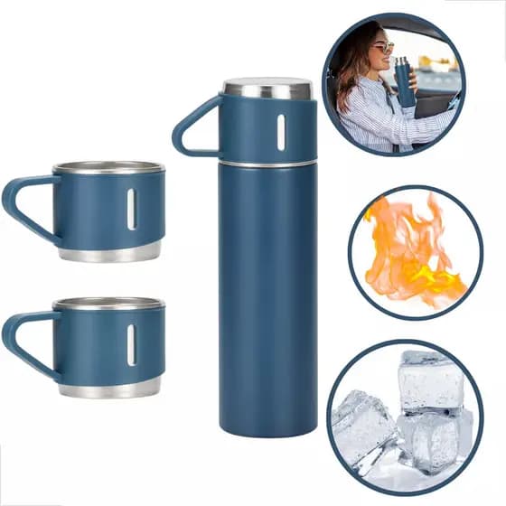 Jogo de Garrafa Térmica 500ML+ 3 Xícaras Aço Inoxidável- Azul Marinho