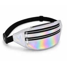 Pochete Holográfica Feminina Metalizada Neon 3 Zíperes Bolsa Cintura Transversal Ajustável