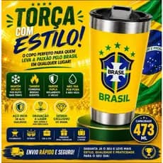 Copo Térmico Inox do Brasil 473 ml com Tampa e Abridor Copo Torcedor Personalizado mantém Gelado