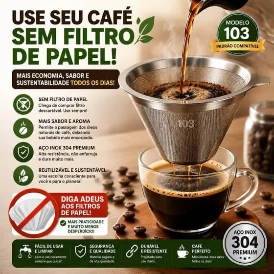 Filtro Coador de Café Inox 103 Reutilizável Sem Filtro de Papel Peneira Aço 101/102/103