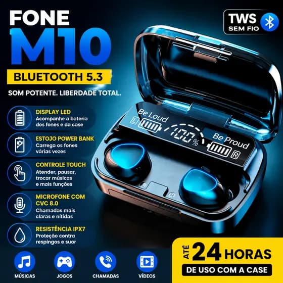 Fone M10 Bluetooth 5.3 Fone de Ouvido Sem Fio TWS Estéreo Power Bank Carregador Display LED