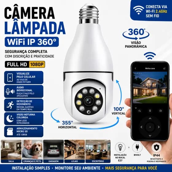 Câmera Segurança Lâmpada WiFi IP 360° Sem Fio Full HD Visão Noturna App Bivolt PTZ 2.4GHz