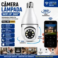 Câmera Segurança Lâmpada WiFi IP 360° Sem Fio Full HD Visão Noturna App Bivolt PTZ 2.4GHz