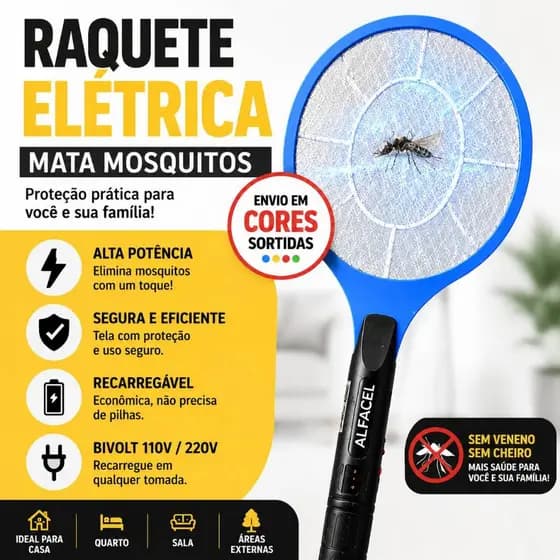 Raquete Elétrica Mata Mosquitos Bivolt 110V 220V Recarregável Alta Potência Colorida Insetos