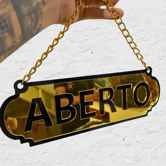 Placa Dupla Face Aberto Fechado Acrílico Espelhado com Corrente e Ventosa