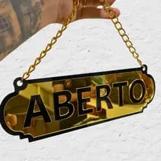 Placa Dupla Face Aberto Fechado Acrílico Espelhado com Corrente e Ventosa