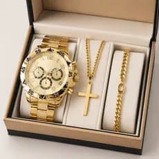 Relógio Luxo Masculino Aço Inoxidável Com Pulseira e Corrente Moderno Estiloso Elegante Prata Dourado