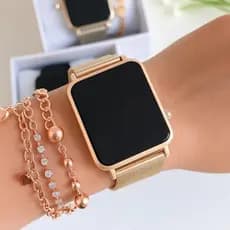 Relógio e Pulseira Feminino Digital Led Elegante Moderno Presente Prata Dourado Rose Luxo