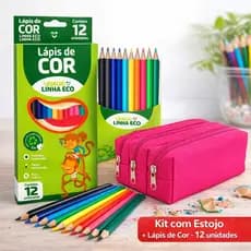 Kit Escolar Estojo 3 divisorias + Lápis de Cor 12 Cores Léo & Léo Infantil Material Escolar