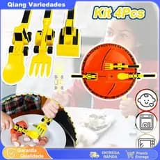 Kit Construtora 4 Peças: Prato + Talheres Infantis (Garfo, Colher, Escavadeira, Pá) - Presente Criativo