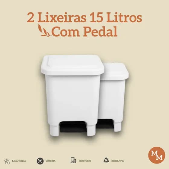 Kit 2 Lixeiras 15L com Pedal Reforçado | Multiuso Cozinha, Banheiro e Lavanderia