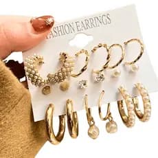 Kit Conjunto 9 Pares Brincos Femininos Argola Pérola Ponto de Luz (Nexxus)