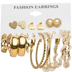 Kit Conjunto 9 Pares Brincos Femininos Dourado e Prata Argolas Pérola Coração Borboleta Luxo