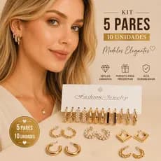 Kit Conjunto 5 Pares Brincos Dourados Argolas Pérola Geométrico (Nexxus)