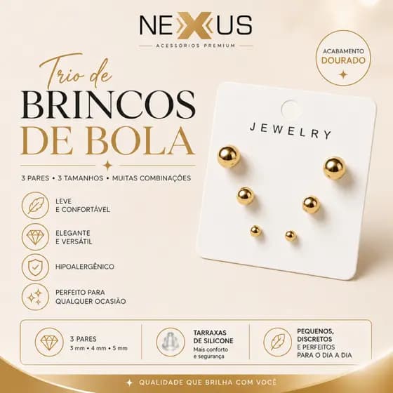 Trio de Brincos de Bola Dourado Banhado a Prata 925 Feminino Hipoalergênico 3mm 4mm 5mm