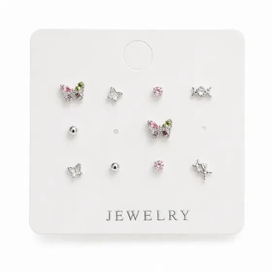 Kit 5 Pares de Brincos Borboleta Estrela Ponto Luz Strass Femininos Delicados Prata 925