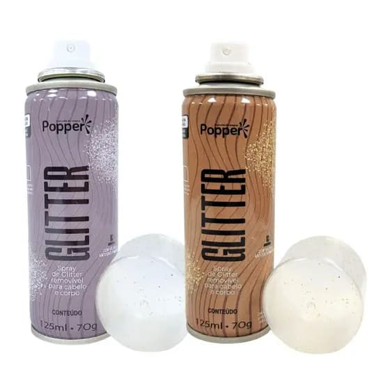 Kit 2 Spray Glitter 125ml Popper 1 Prata 1 Dourado Cabelo Corpo Roupa Prateado Ouro Pequeno Bolsa Festas Carnaval