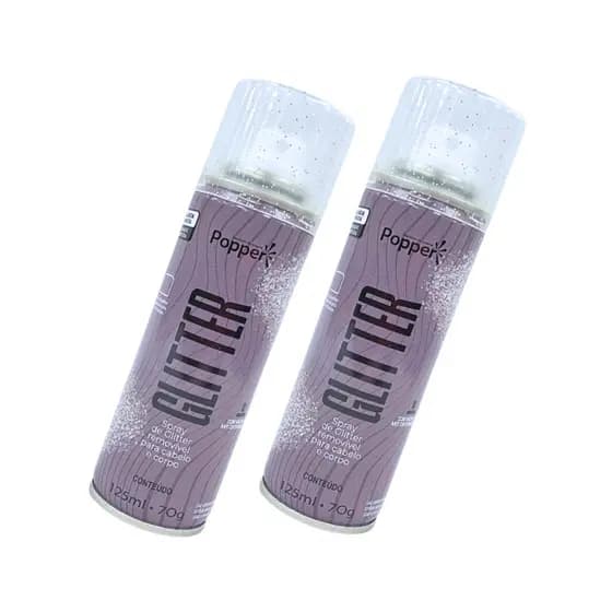 Kit 2 Spray De Glitter Prata 125ml Popper Cabelo Corpo Roupa Maquiagem Brilho Prateado Pequeno Bolsa Festas Carnaval