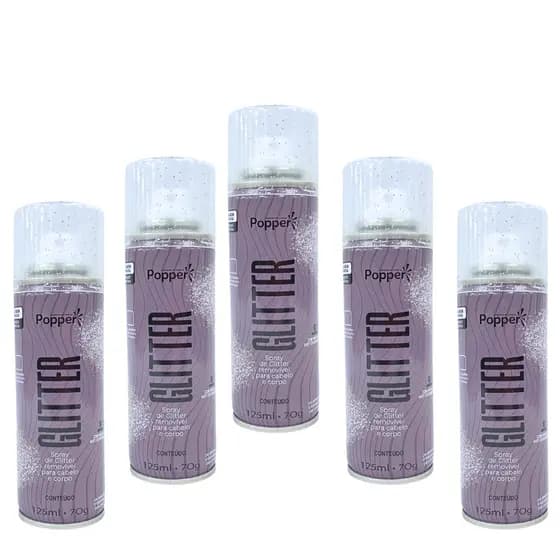 Kit 5 Spray De Glitter Prata 125ml Popper Cabelo Corpo Roupa Maquiagem Brilho Prateado Pequeno Bolsa Festas Carnaval
