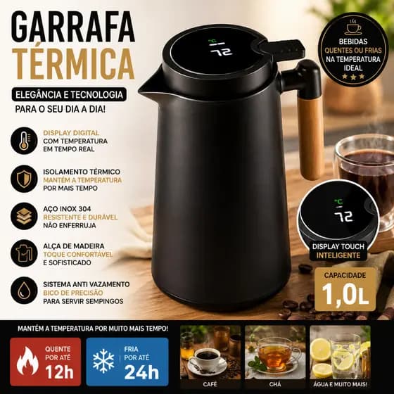 Garrafa Térmica 1L Termômetro Digital Preta