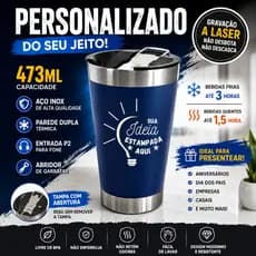 Copo Térmico 473ml Personalizado Inox Tampa Abridor Azul