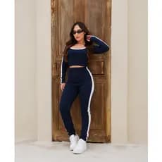 Conjunto Feminino Manga Longa Cropped E Calça Ajustada Cintura Alta