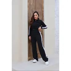 Conjunto Feminino Calça Pantalona Com Listra Lateral Com Bolso Casaco Zíper Moda Gringa