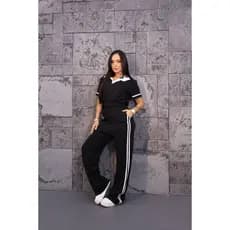 Conjunto Feminino Calça Pantalona e Blusa Bicolor Manga Curta Moda Blogueira