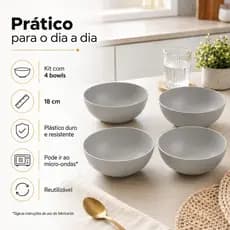 Kit 4  Bowls Tigelas Grande Resistente Jantar Sopa Saladas Cereais Frutas Reutilizável Plástico