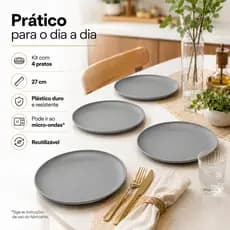 Jogo com 4 Pratos Rasos Kit 27 cm Reutilizáveis para Refeições e Micro-ondas