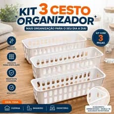 Kit 3 Organizadores Multiuso em Plástico – Cestos para Cozinha, Banheiro, Armário e Dispensa