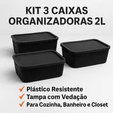 Kit 3 Caixas Organizadoras Rattan 2L com Tampa | Plástico Resistente | Preto