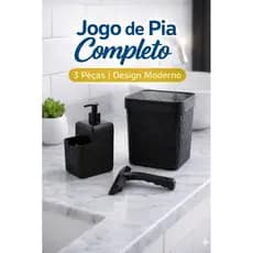 Kit Pia Cozinha 3 Peças em Plástico Premium – Porta Detergente + Lixeira 5L + Rodinho