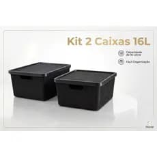 Kit Caixa Organizadora Jutta Preto 16L com Tampa Cesto Organizador Multiuso Resistente Empilhável