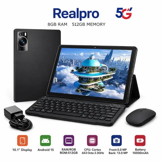 Tablet Real 15 PRO Android 10000mah Wifi com chip 10.1 Teclado+Mouse 8GB RAM 512GB Câmera Bluetooth