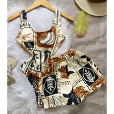 Conjunto Body Maio Suplex Feminino Estampado Short Cintura Alta Verao Tendencia Moda Blogueira