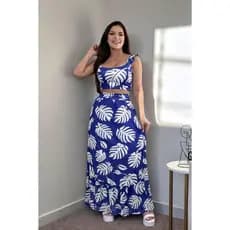 Conjunto Croped e Saia Floral Cropd De Alcinha Com Bojo Tendencia Moda Feminina Verao MicroFribra