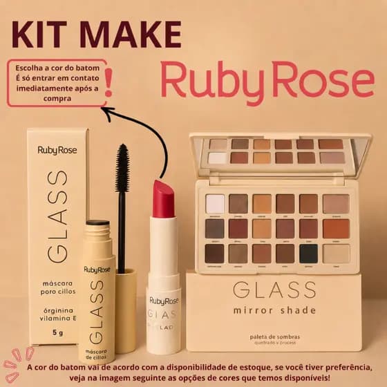Kit Make Completa Profissional Ruby Rose Paleta Glass Mirror Shade + Batom Matte + Máscara Cílios