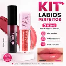 Kit Lábios Batom Líquido e Lip Gloss Hidratante Brilho Intenso Efeito Volumoso