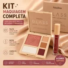 Kit Maquiagem Completa Ruby Rose Glass Glam + Batom Soft Blur Blush Iluminador Sombras Glow