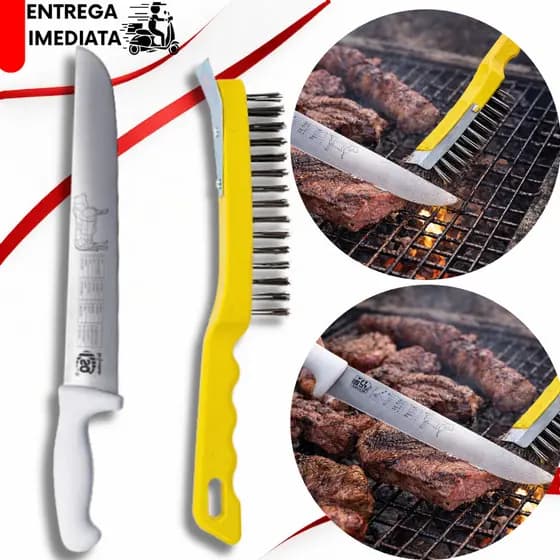 1/2 Peças Faca Aço Churrasco e Escova Limpa Grelha de Aço com Raspador Para Churrasqueira