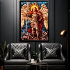 Quadro Decorativo 120x80cm São Miguel Arcanjo Estilo Vitral Sala Quarto Hall Casa Decoração De Parede Mdf Adesivo