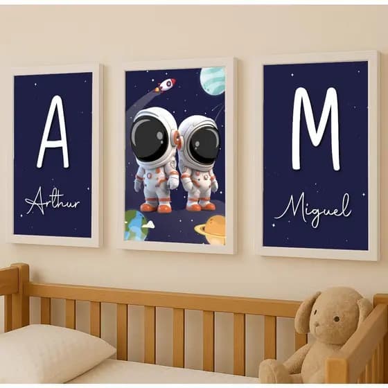 Quadros Decorativos Irmãos, Kit 3 Peças, Decoração Quarto Infantil Astronauta, Moldura Fake EXC