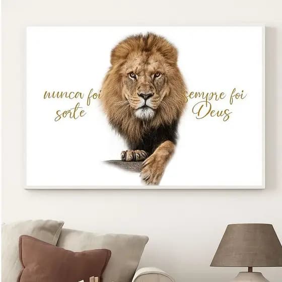 Quadro Decorativo Exclusivo 110x80 Grande Luxo Leão Judá Nunca Foi Sorte Sempre Foi Deus hall Sala Quarto Casa Decora