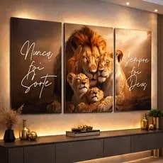 Quadros Decorativos Leão Família Filhotes 3 Peças Nunca Foi Sorte Escritório Sala Luxo